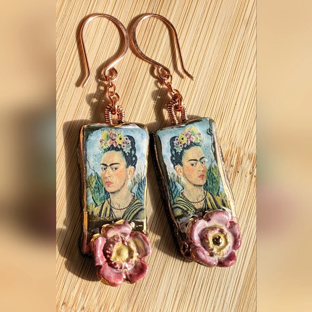Unique Frida Khalo Earrings Artisan Crafted Lightweight Ceramic Charms - Picture 10 of 16